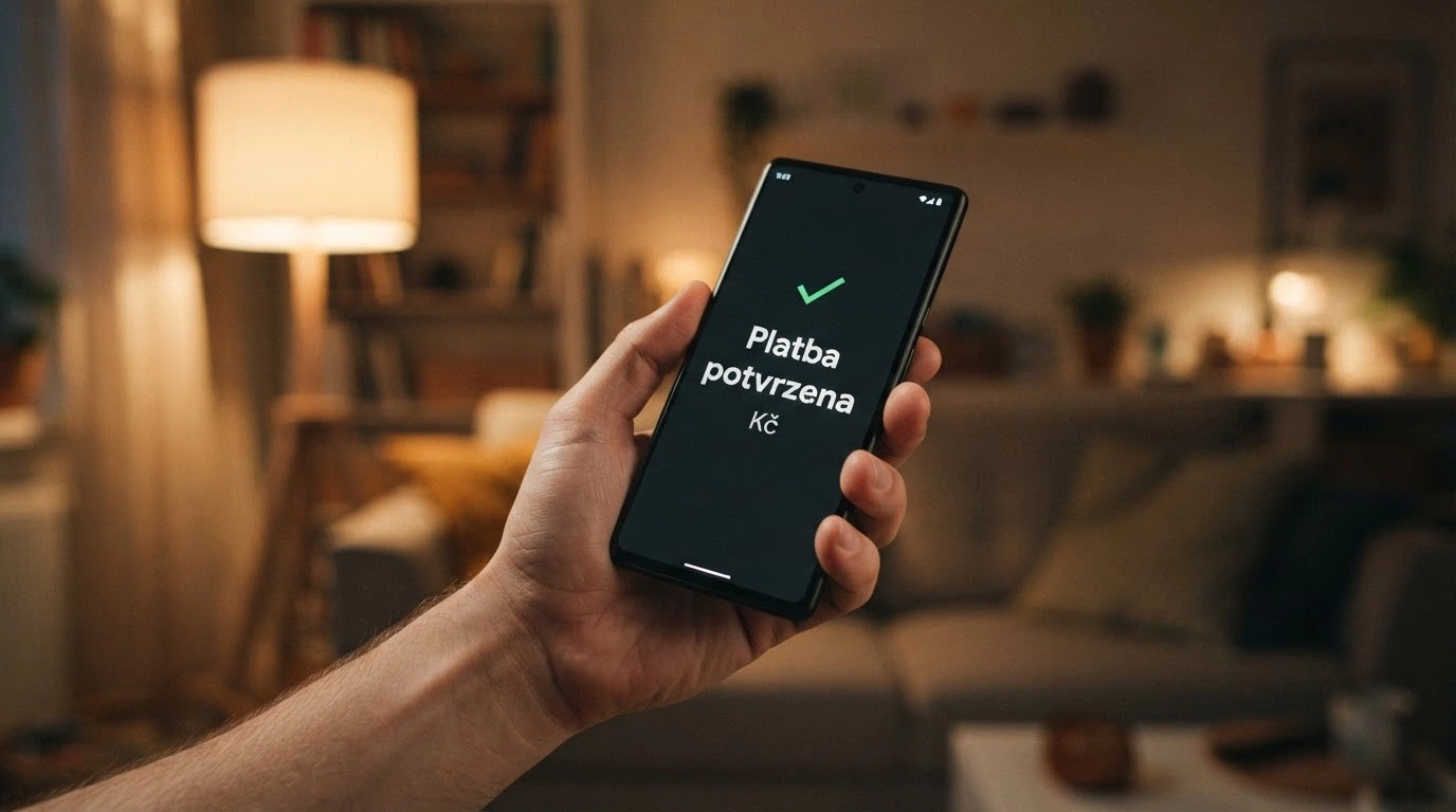Mobilní telefon zobrazující potvrzení platby NeteraPay na pozadí loga casina