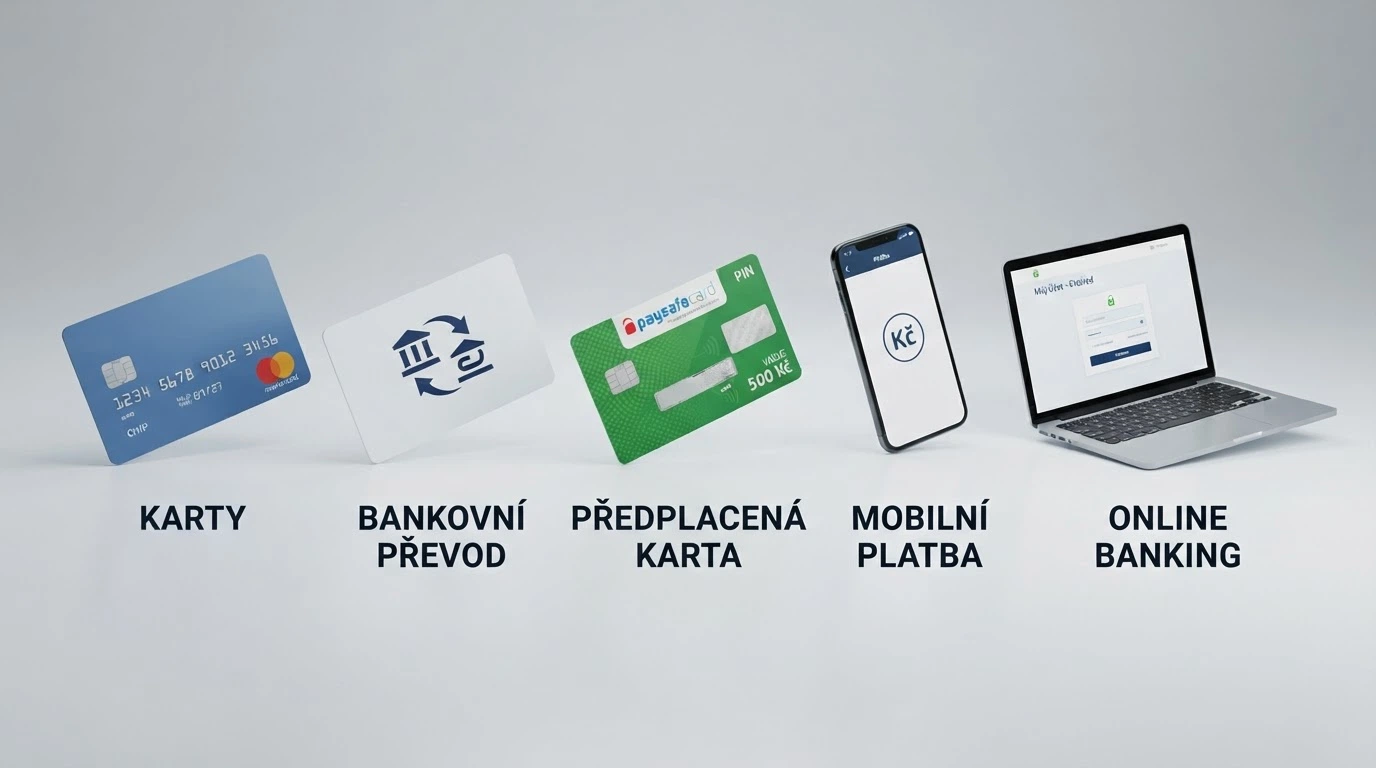 Infografika pěti platebních metod pro vklad 100 Kč — karta, převod, Paysafecard, mobil, online bankovnictví